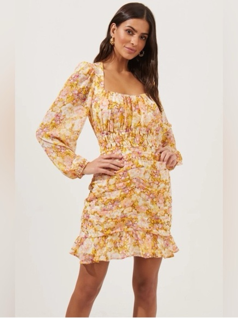 ASTR THE LABEL | ruched smocked waist long sleeve dress | size small